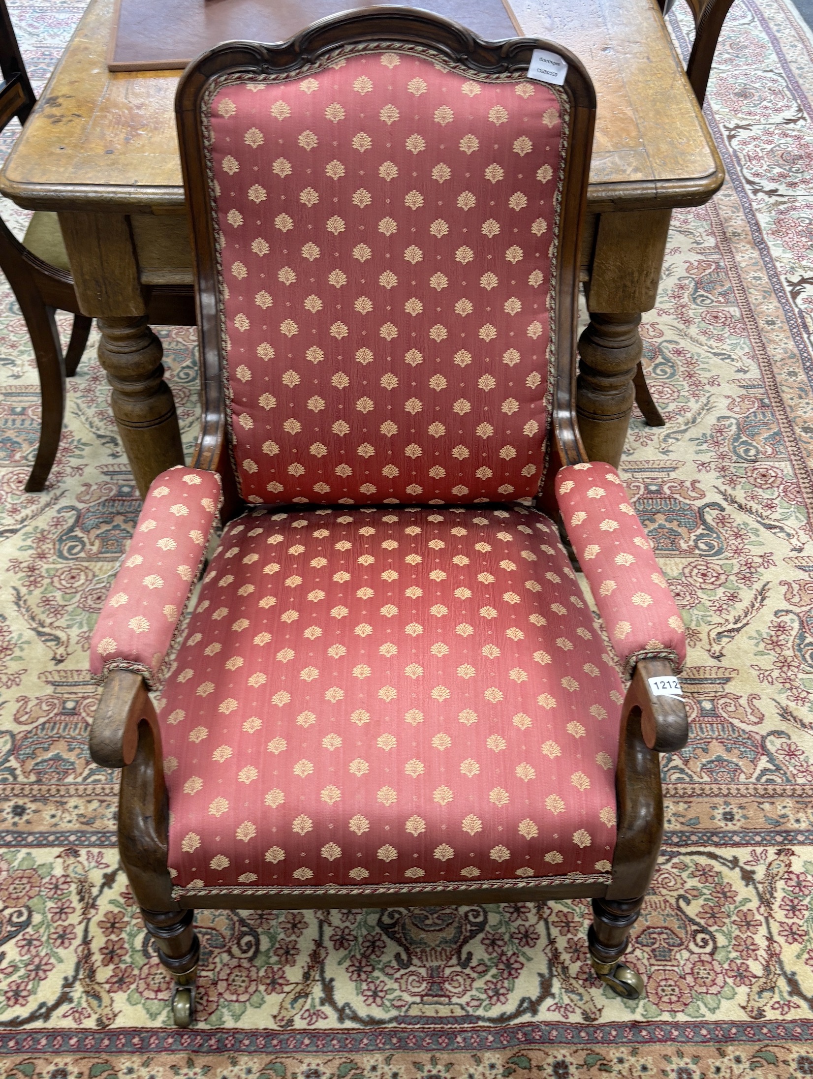 A Victorian mahogany framed armchair, width 61cm, depth 62cm, height 94cm